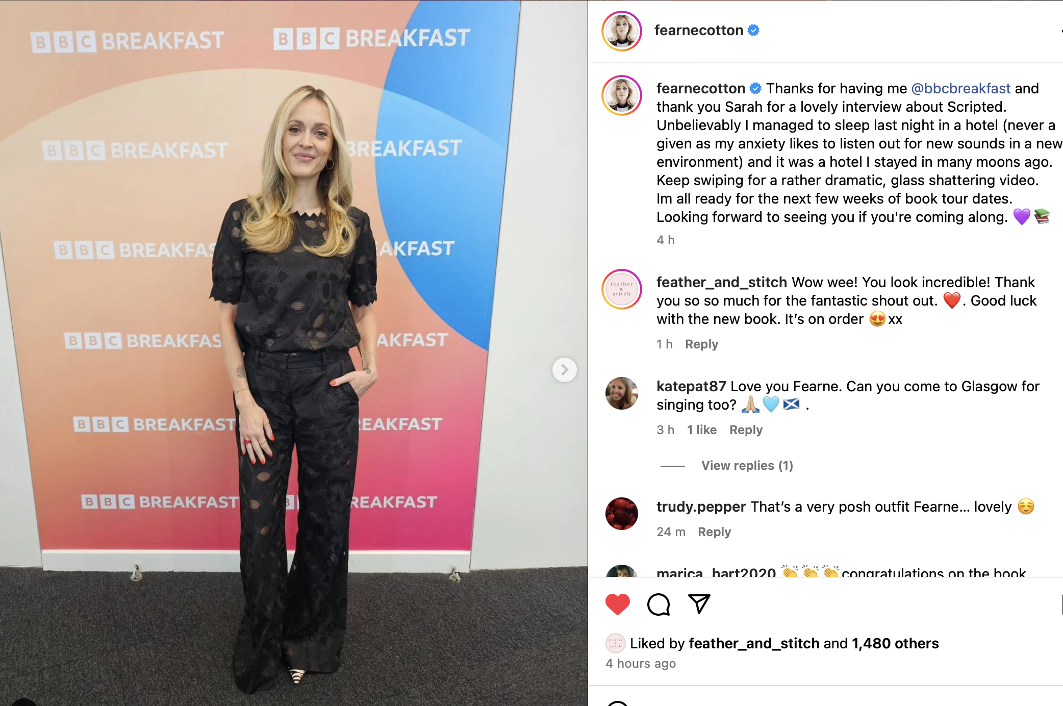 Fearne Cotton on BBC Breakfast wearing a black Munthe outfit from Feather & Stitch